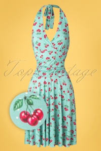 Vintage Chic for Topvintage - Yolanda halterjurk met stippen en kersen in mintgroen