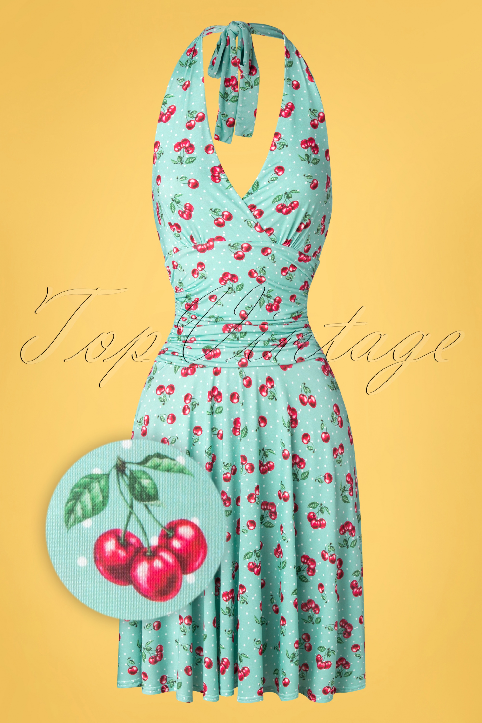 Vintage Chic for Topvintage - Yolanda halterjurk met stippen en kersen in mintgroen