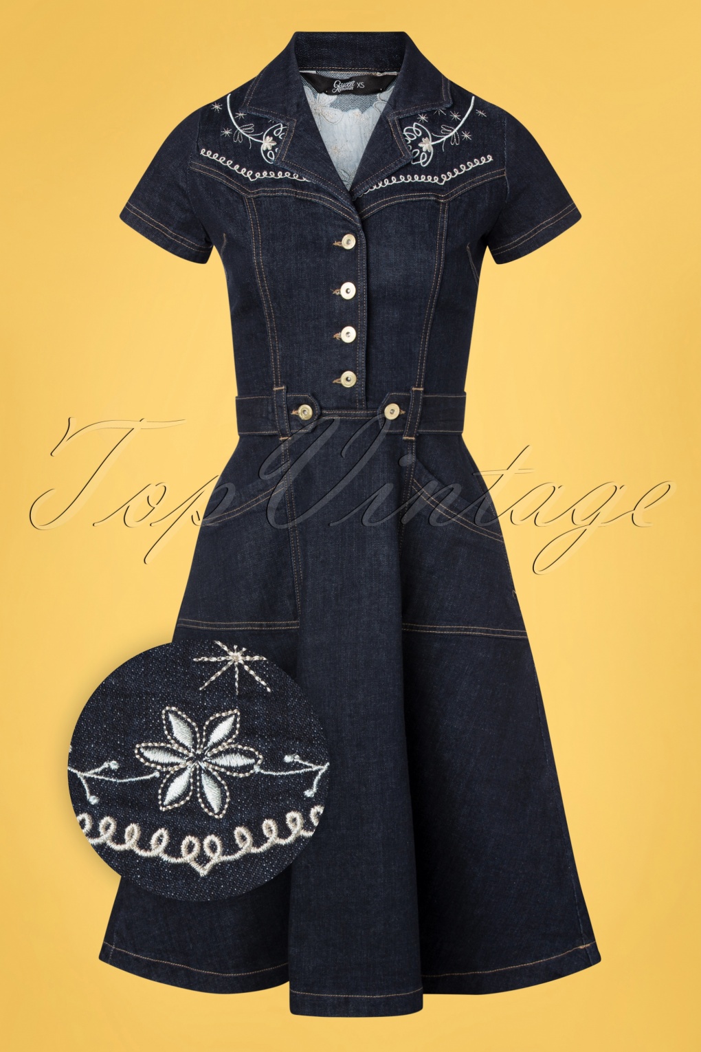 Vintage Western Wear Clothing, Outfit Ideas 50s Western Flowers Swing Dress in Dark Denim Blue  AT vintagedancer.com