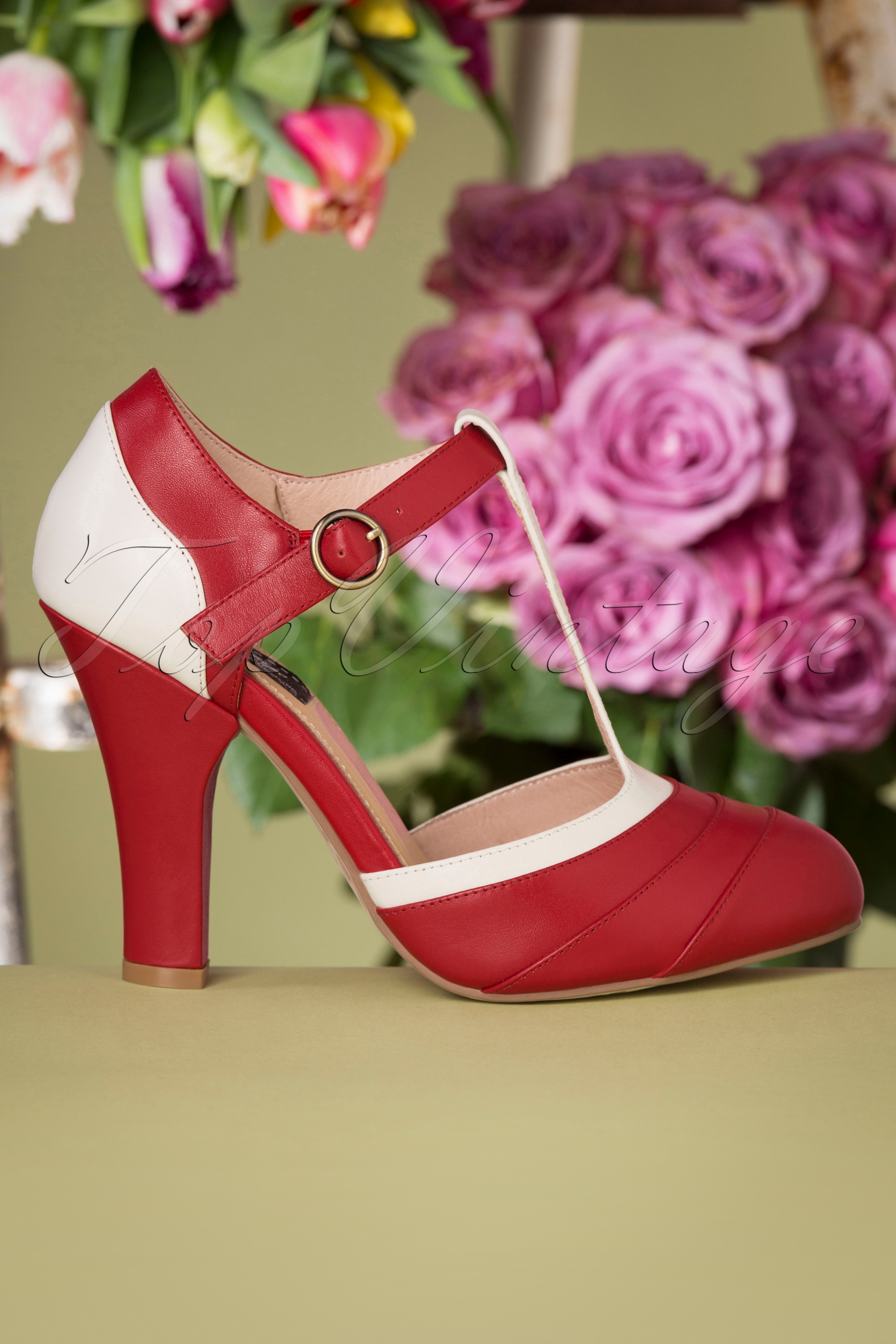 Lola Ramona ♥ Topvintage - June Spring in Paris T-Strap-pumps in rozenrood en crème 5