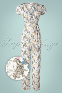 Vintage Chic for Topvintage - Quinty tropische luipaard jumpsuit in gebroken wit