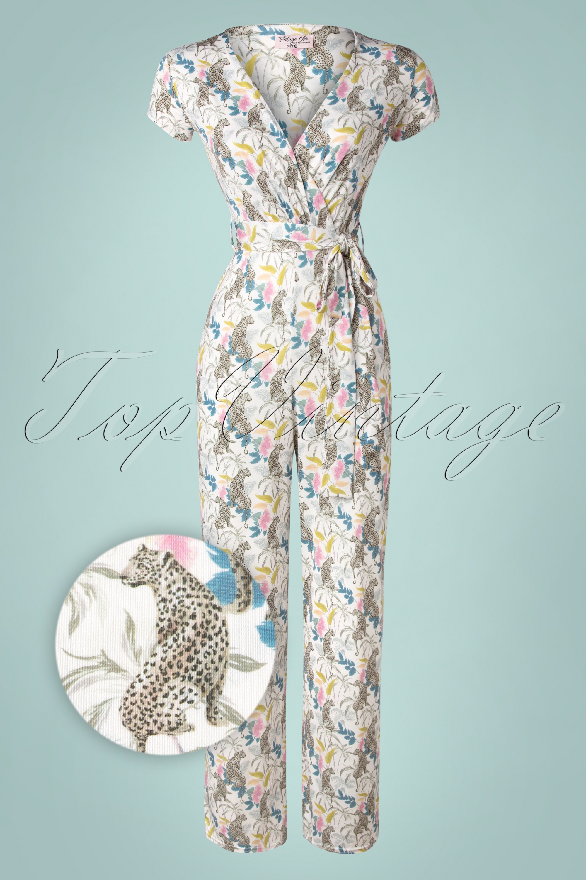 Vintage Chic for Topvintage - Quinty tropische luipaard jumpsuit in gebroken wit