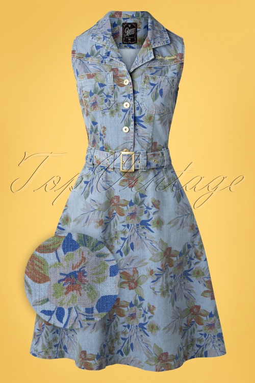 Queen Kerosin - Workwear Hawaii Denim Swing Dress Années 50 en Bleu Clair