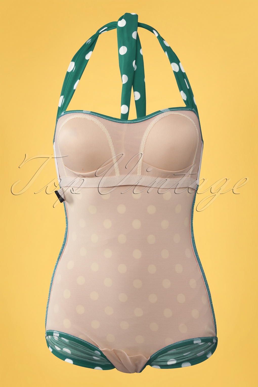 50s Classic Sheat Polkadot Swimsuit In Green And White