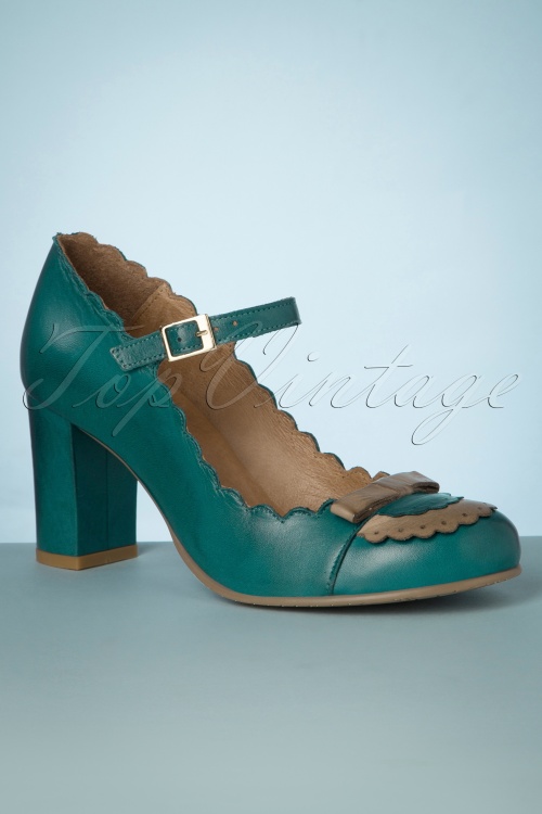 La Veintinueve - 60s Penelope Leather Pumps in Turquoise and Beige 2