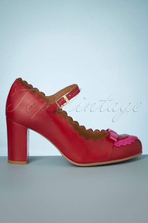 La Veintinueve - Penelope Leather Pumps Années 60 en Rouge et Rose 4