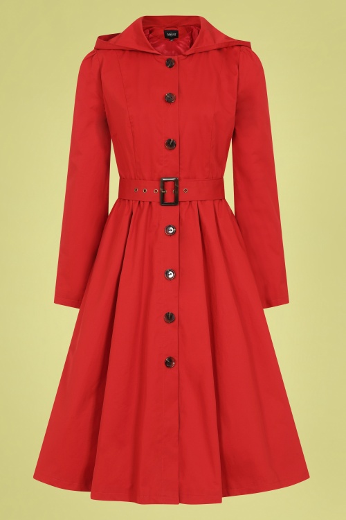 Collectif Clothing - Sarah Hooded Trench Coat Années 50 en Rouge