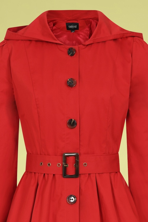 Collectif Clothing - 50s Sarah Hooded Trench Coat in Red 2