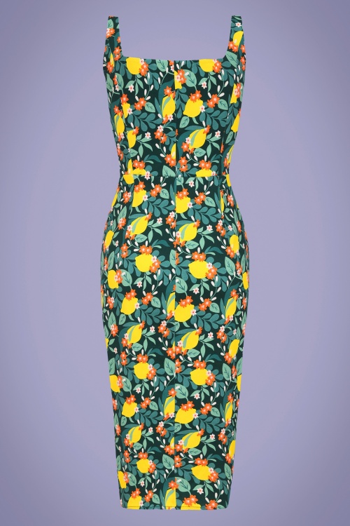 Collectif Clothing - Jenifer Lemon Bloom Pencil Dress Années 50 en Bleu Sarcelle 4