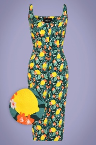 Collectif Clothing - 50s Jenifer Lemon Bloom Pencil Dress in Teal