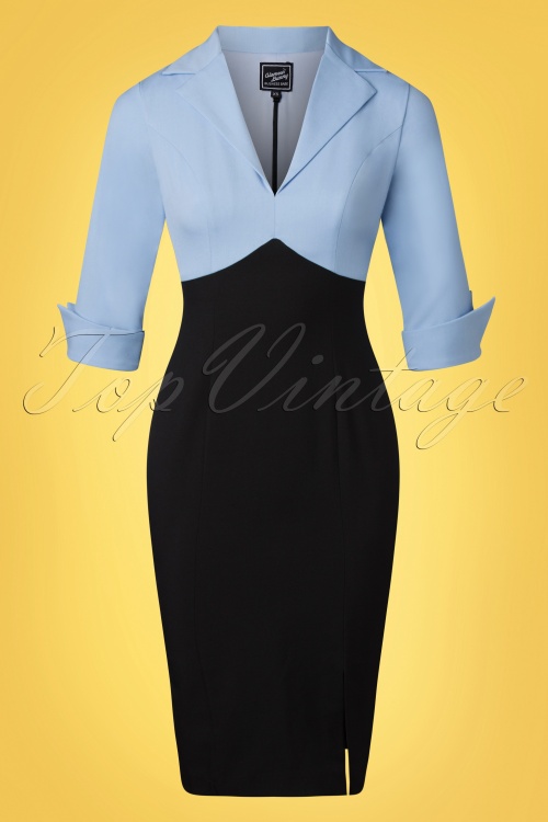Glamour Bunny Business Babe - 50s Dianne Two Toned Pencil Dress in Black and Horizon Blue 2