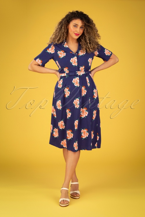 Collectif Clothing - 40s Alberta Spring Floral Dress in Navy