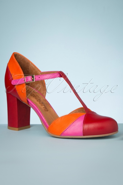 La Veintinueve - 60s Magnolia Leather T-Strap Pumps in Red, Orange and Pink 2