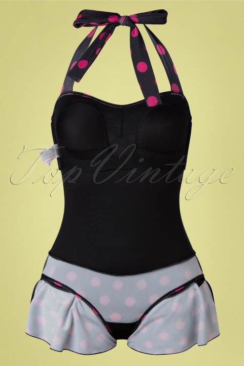 Pussy Deluxe - 50s Pink Dots Halter Swimsuit in Black 3