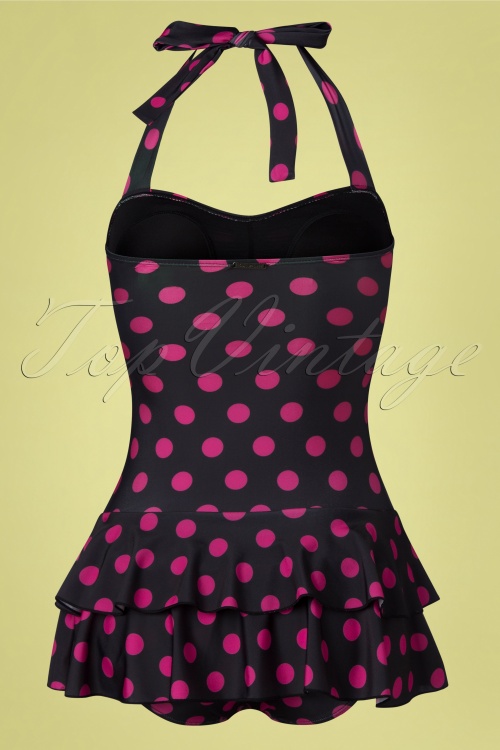 Pussy Deluxe - 50s Pink Dots Halter Swimsuit in Black 2