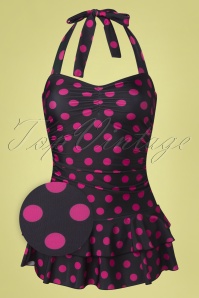 Pussy Deluxe - 50s Pink Dots Halter Swimsuit in Black