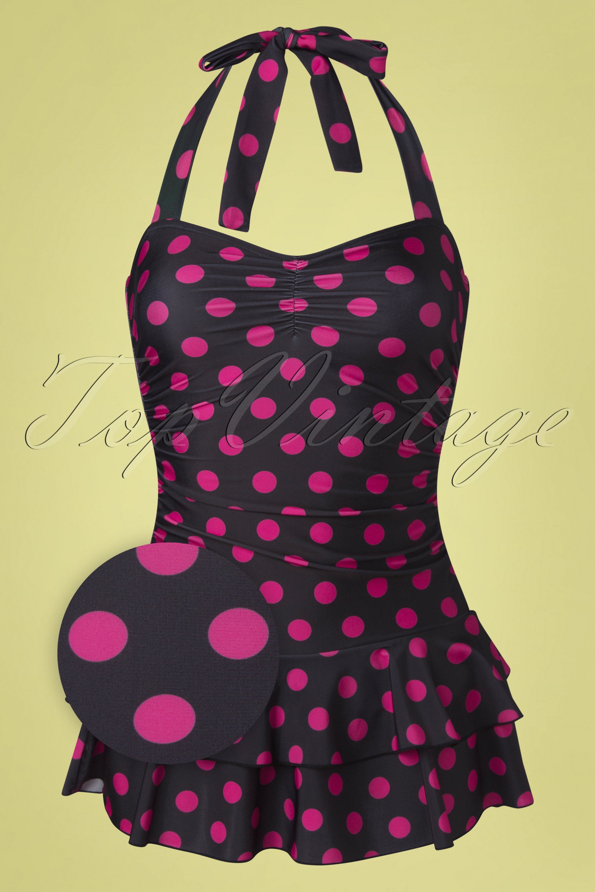 pinkyshake水着lil dalmatian bandeau Pussy Deluxe 50s Pink Dots Halter Swimsuit in Black | Topvintage