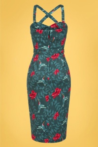 Collectif Clothing - 50s Kiana Hummingbird Eden Pencil Dress in Teal 2