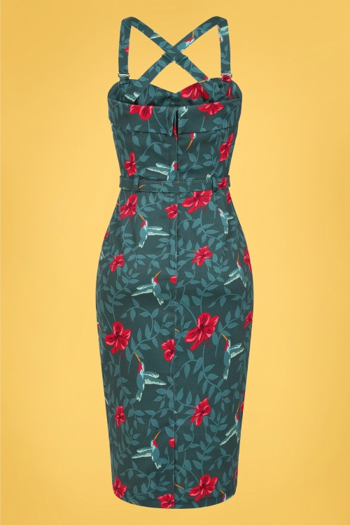 Collectif Clothing - 50s Kiana Hummingbird Eden Pencil Dress in Teal 2