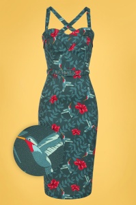 Collectif Clothing - Kiana Hummingbird Eden Pencil Dress Années 50 en Bleu Sarcelle