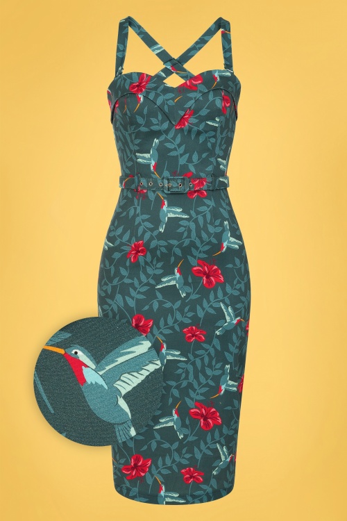 Collectif Clothing - Kiana Hummingbird Eden Pencil Dress Années 50 en Bleu Sarcelle