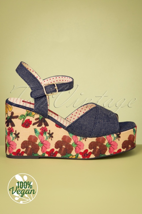 B.A.I.T. - 70s Nadia Floral Linen Platform Sandals in Denim