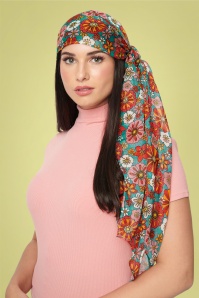 Unique Vintage - Retro bloemen chiffon sjaal in turkoois 2