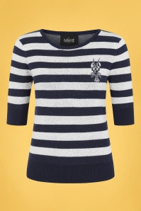 Collectif Clothing - 50s Chrissie Lobster Stripe Knitted Top in Navy and Cream