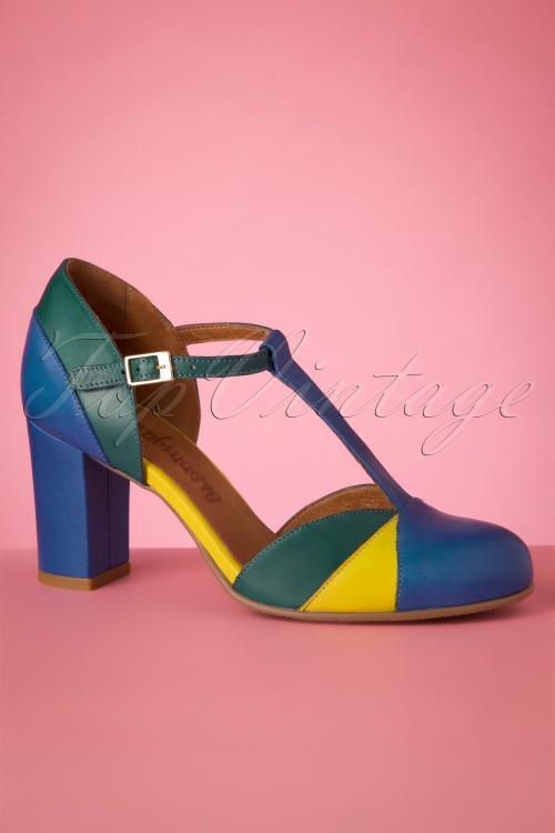 La Veintinueve - 60s Magnolia Leather T-Strap Pumps in Blue, Turquoise and Yellow