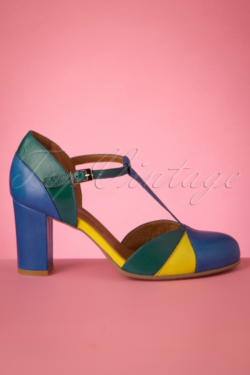 La Veintinueve - 60s Magnolia Leather T-Strap Pumps in Blue, Turquoise and Yellow 3