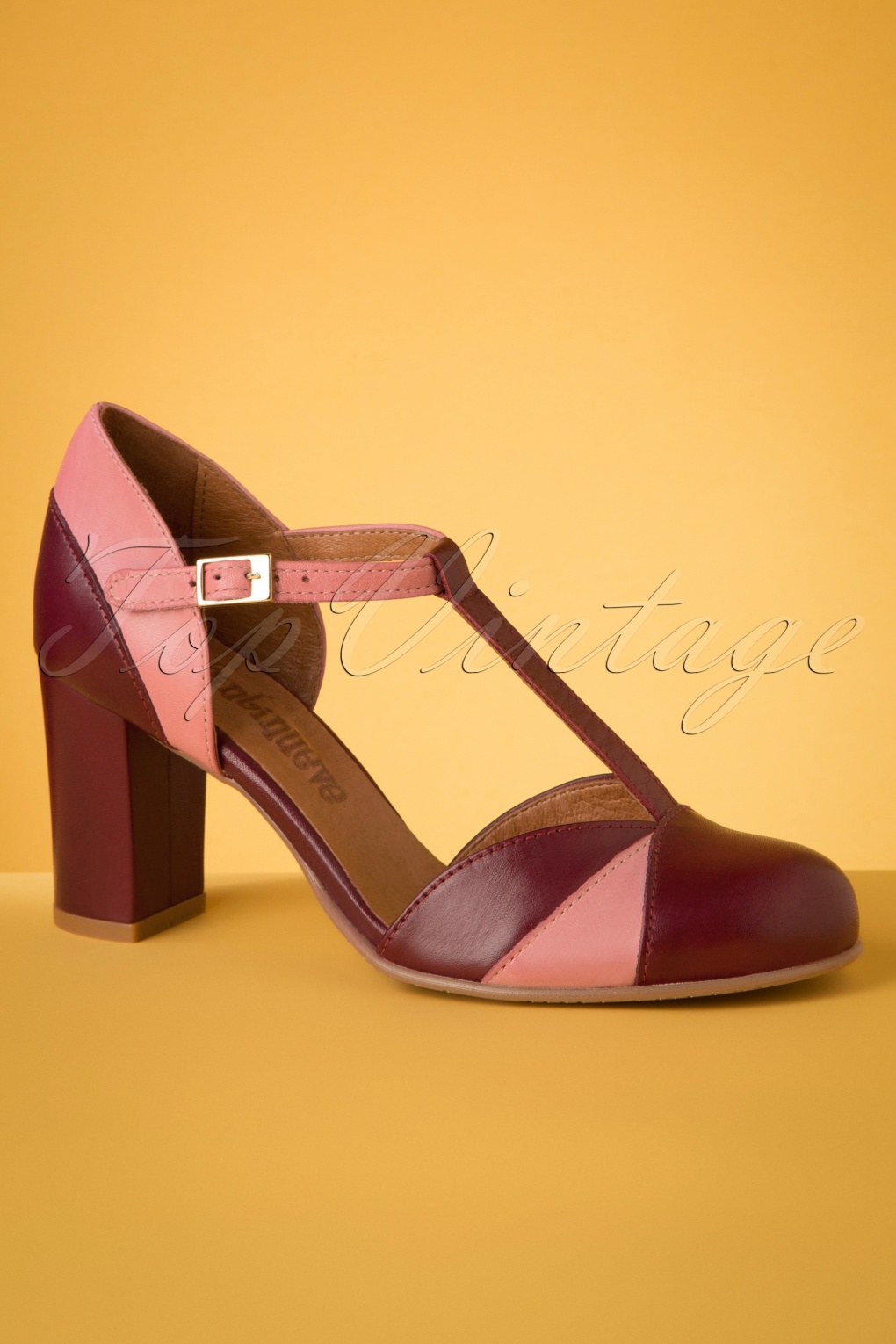 60s Magnolia Leather T-Strap Pumps in Violet and Old Rose