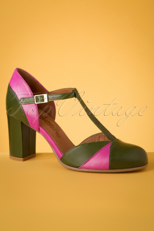 La Veintinueve - 60s Magnolia Leather T-Strap Pumps in Green and Pink 2