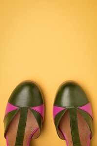 La Veintinueve - 60s Magnolia Leather T-Strap Pumps in Green and Pink 3