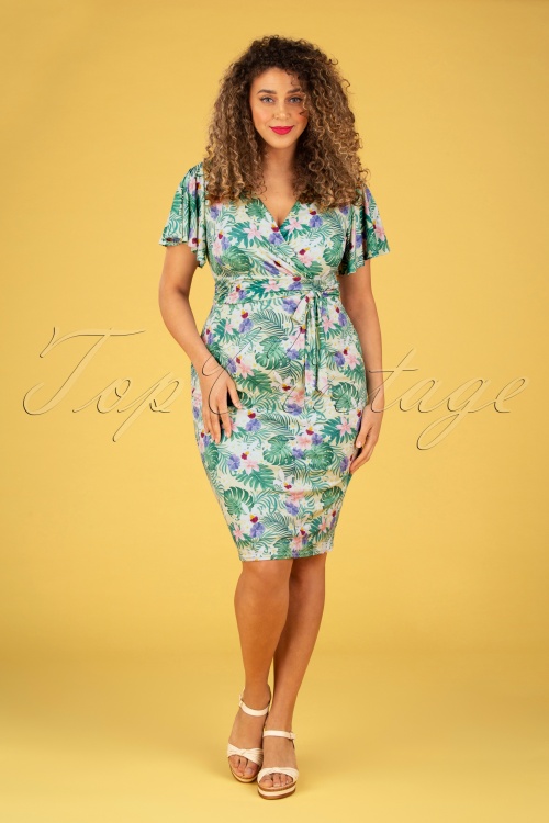 Vintage Chic for Topvintage - Irene Tropical Floral Cross Over Pencil Dress Années 50 en Vert