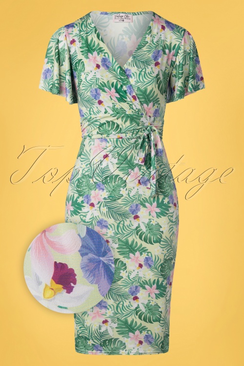 Vintage Chic for Topvintage - 50s Irene Tropical Floral Cross Over Pencil Dress in Green 2