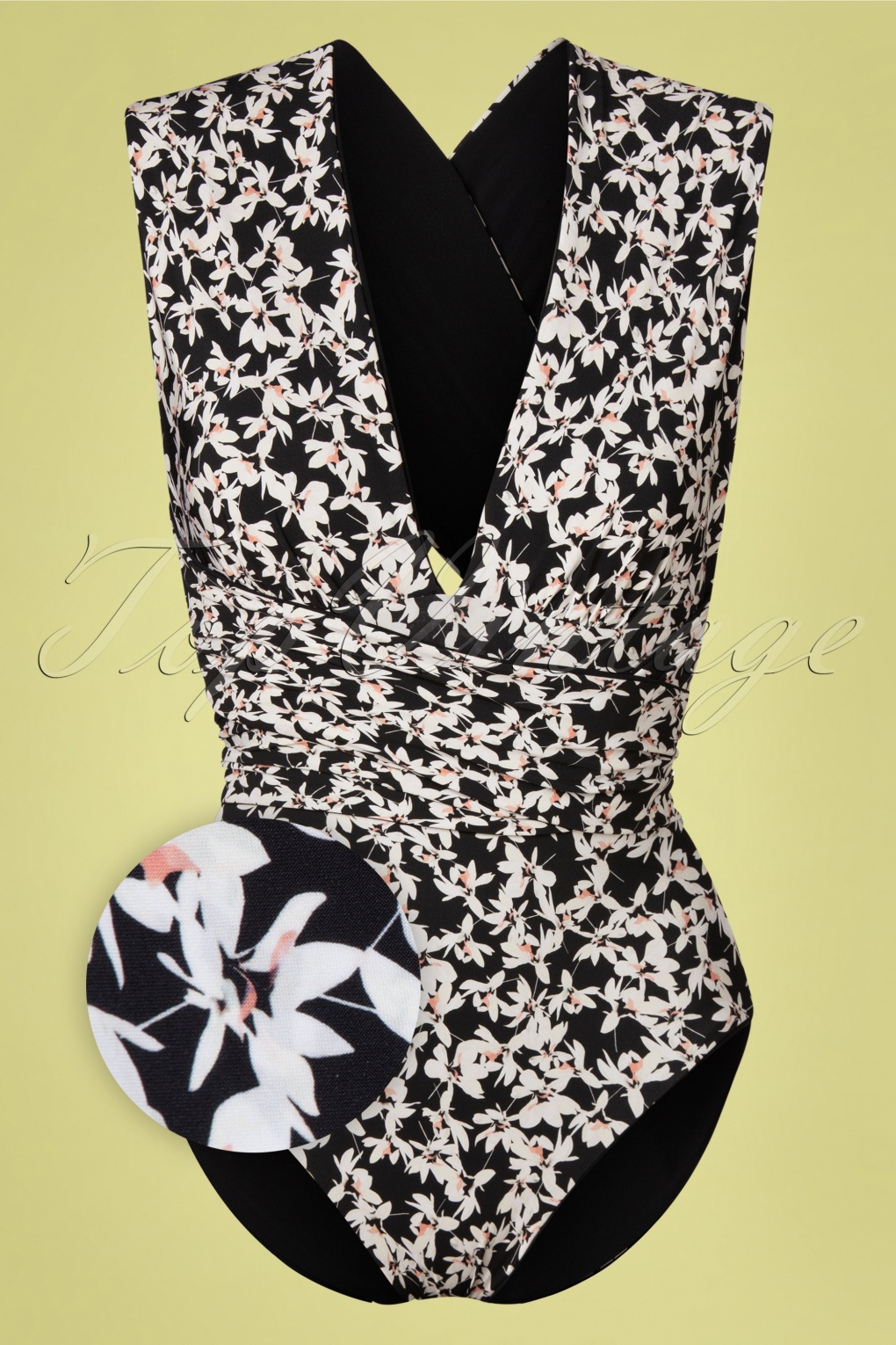 50s Multiway Reversible Swimsuit in Chic Florals Black