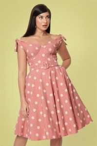 Unique Vintage - 50s Prairie Daisy Swing Dress in Powder Pink