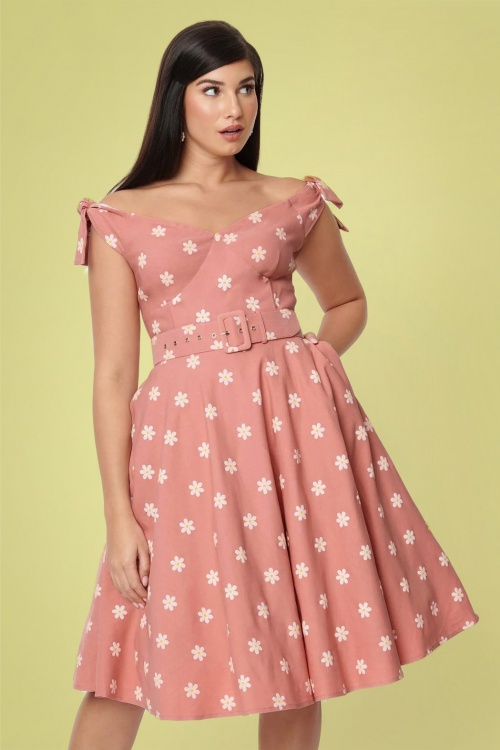 Unique Vintage - Prairie Daisy Swing Kleid in Puderrosa