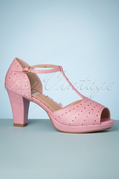 Bettie Page Shoes - 50s Frannie Peeptoe T-Strap Pumps in Pink