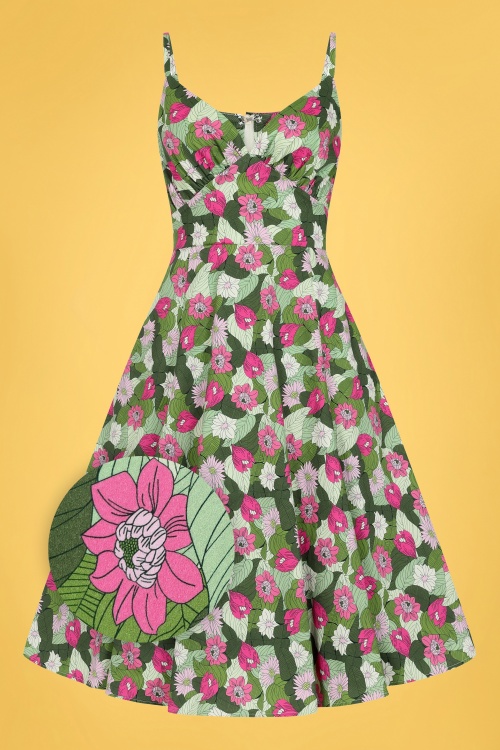 Collectif Clothing - Opal Palm Blush Flared Dress Années 50 en Vert