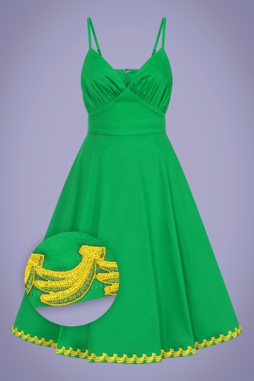 Collectif Clothing - 50s Opal Banana Trim Flared Dress in Green 2