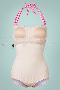 Esther Williams - 50s Classic One Piece Gingham Swimsuit in Raspberry Red and White 5