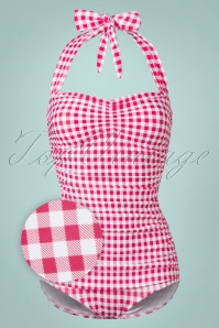 Esther Williams - 50s Classic One Piece Gingham Swimsuit in Raspberry Red and White 2