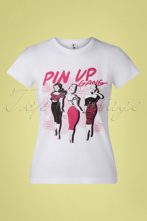 PinRock - Pin Up Gang T-Shirt Années 50 en Blanc