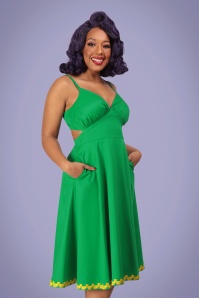 Collectif Clothing - 50s Opal Banana Trim Flared Dress in Green