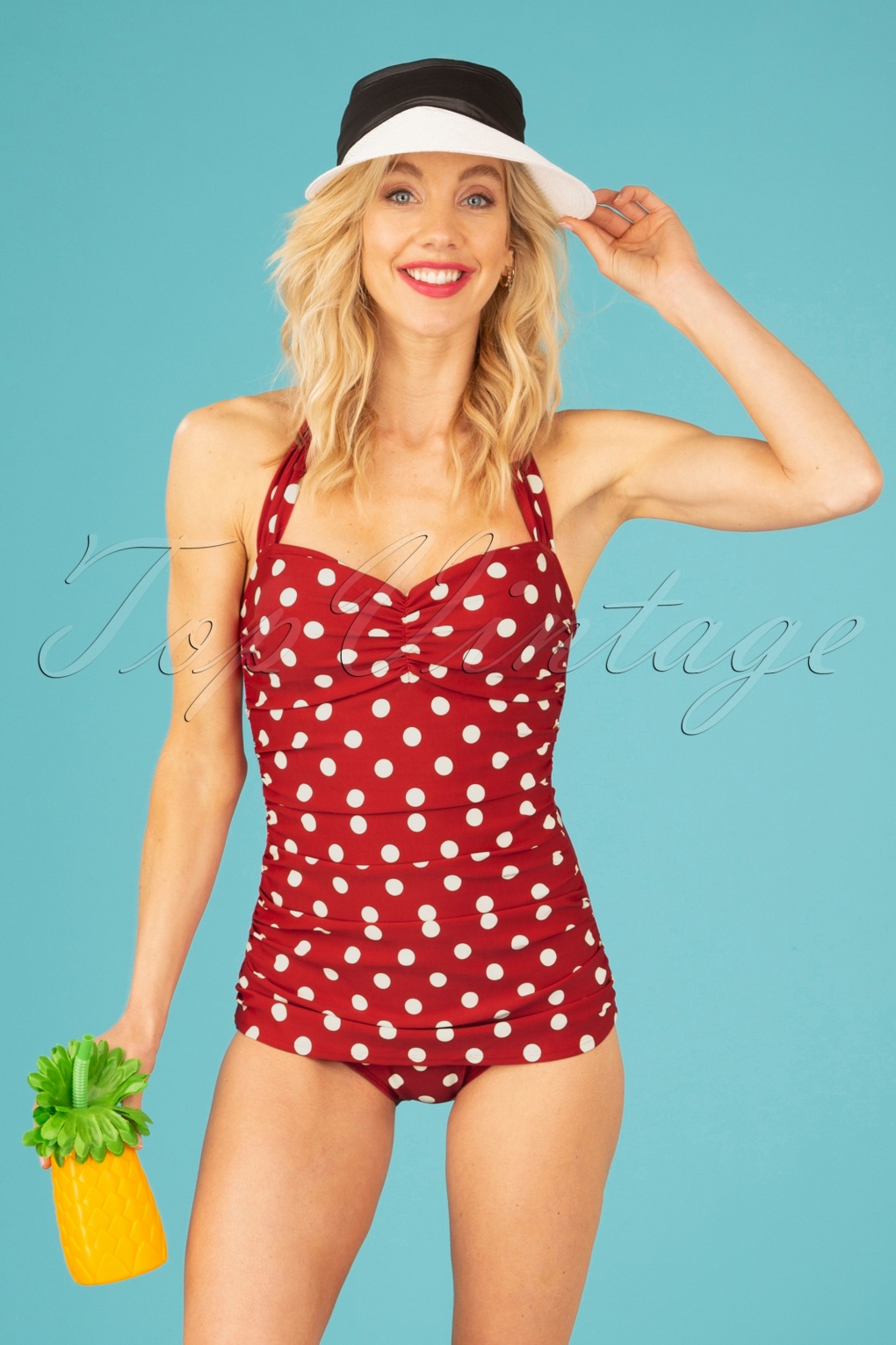Magazijn medley operatie 50s Classic Polkadot One Piece Swimsuit in Red and White