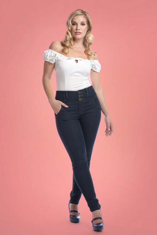 Collectif Clothing - Rebel Kate stretchbroek met hoge taille in denimblauw 2