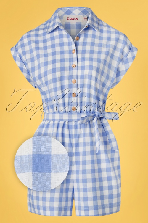 Louche - Addie Picknick Check Playsuit Années 60 en Bleu et Blanc 2