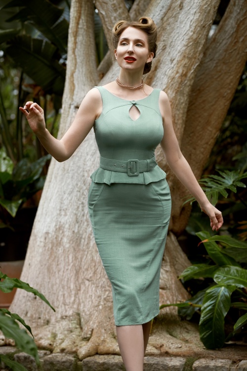 Miss Candyfloss - 50s Rhianna Siren Linen Wiggle Dress in Pistachio