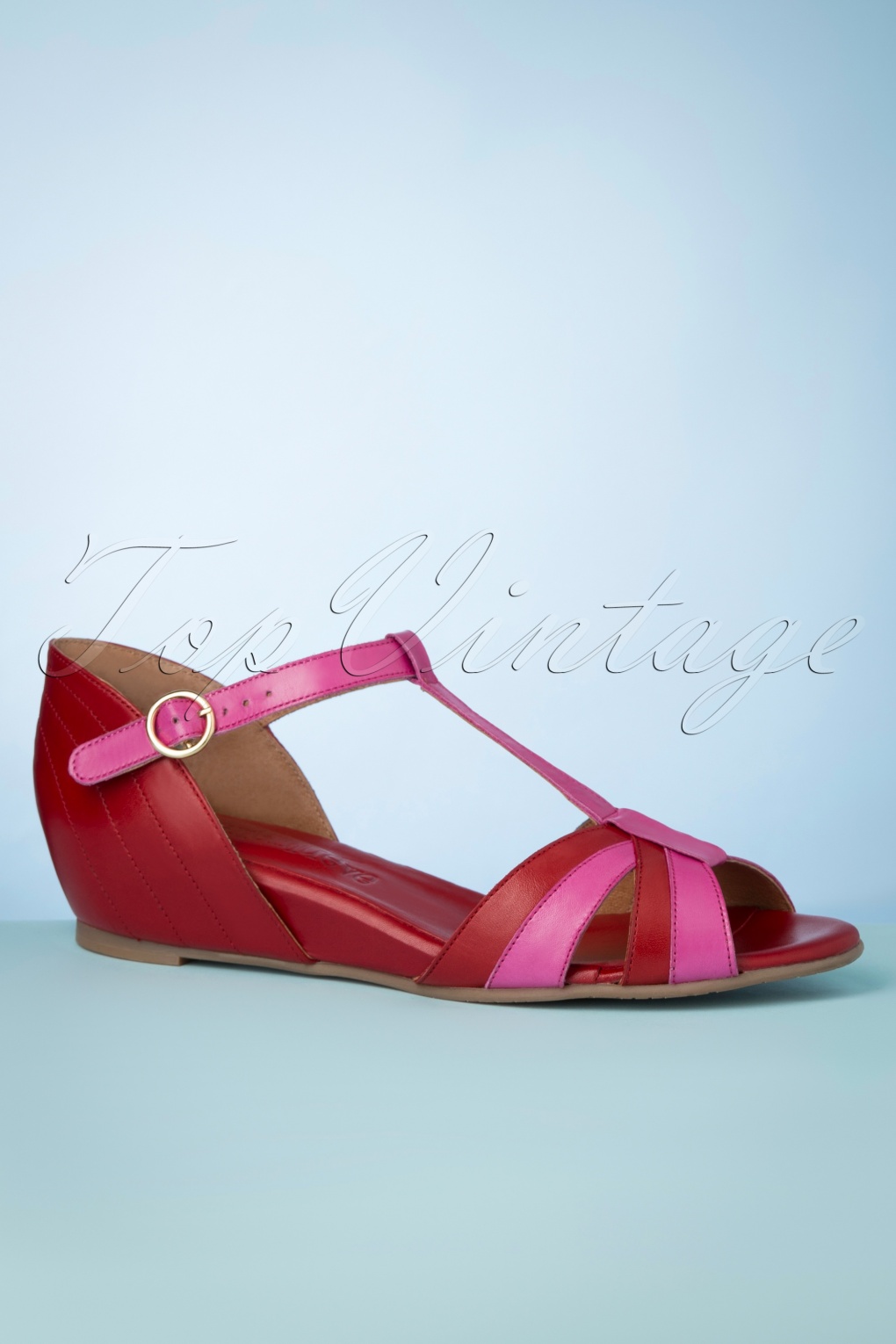 60s Lucy T-Strap Sandals in Red and Pink